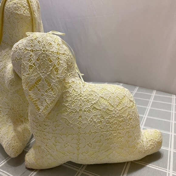 OOAK Vintage Handmade Easter Spring Bunny Rabbit Yellow White Lace Stuffed Plush - Picture 10 of 10